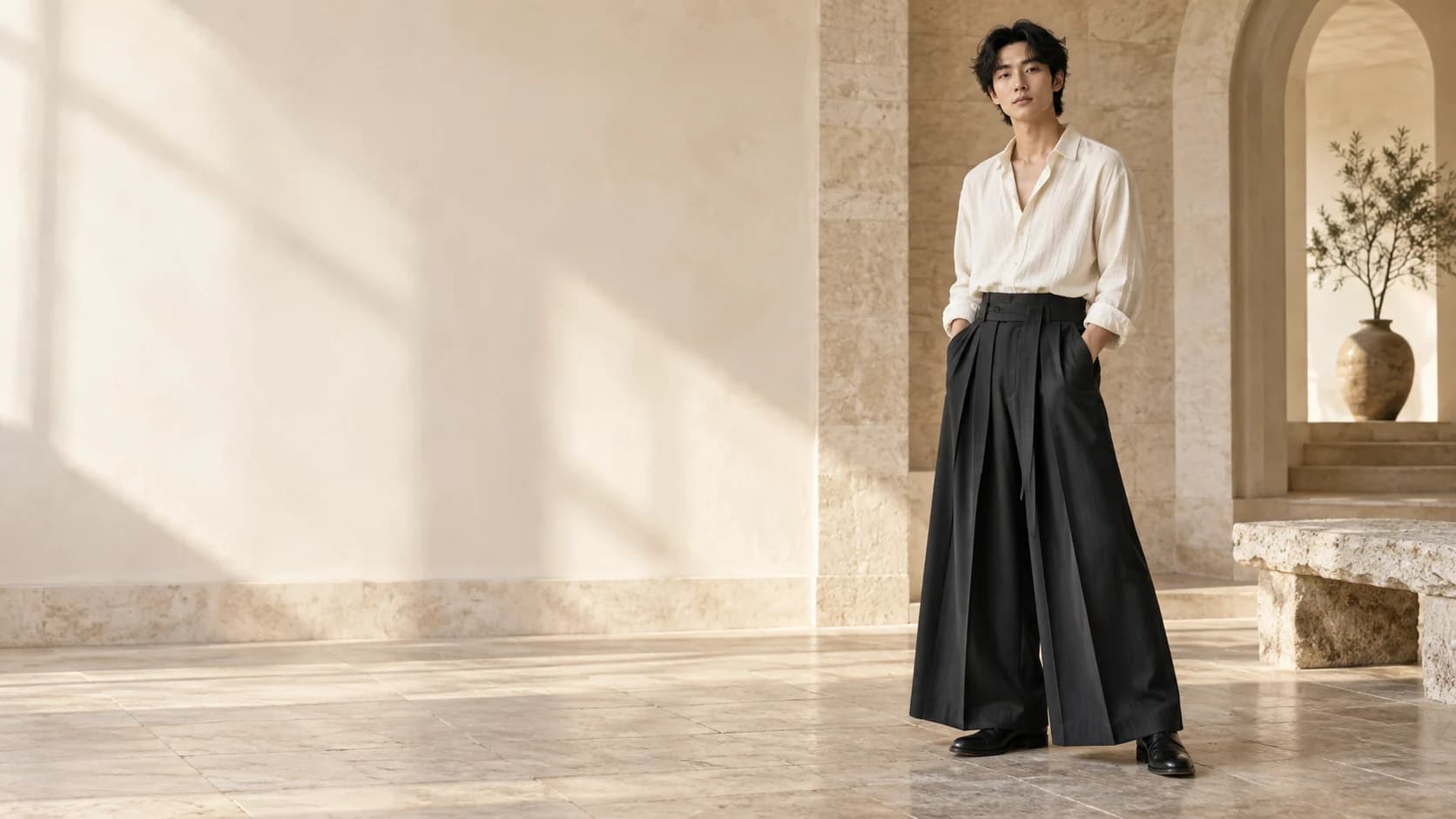 Model with visible face wearing black pleated hakama-inspired trousers in a warm stone interior