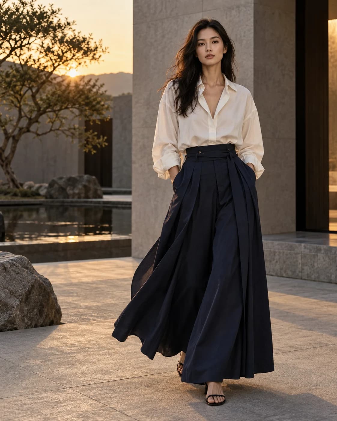 Model with visible face in midnight indigo wide-leg hakama-inspired trousers