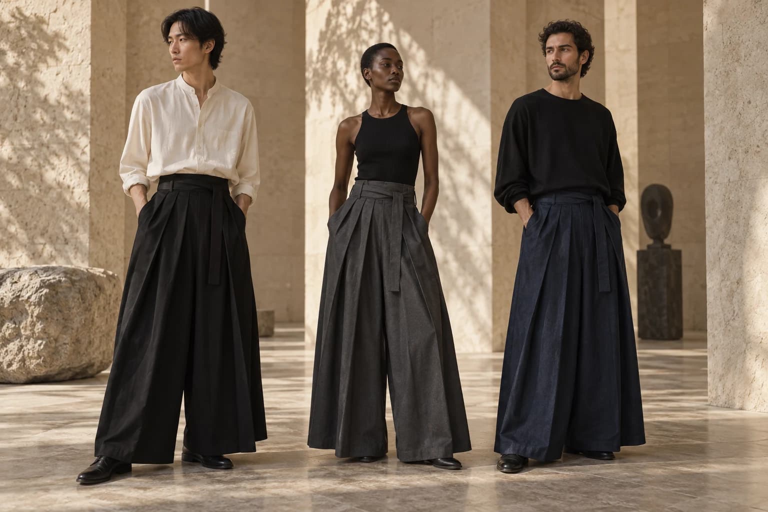 Three models with visible faces wearing modern hakama-inspired silhouettes